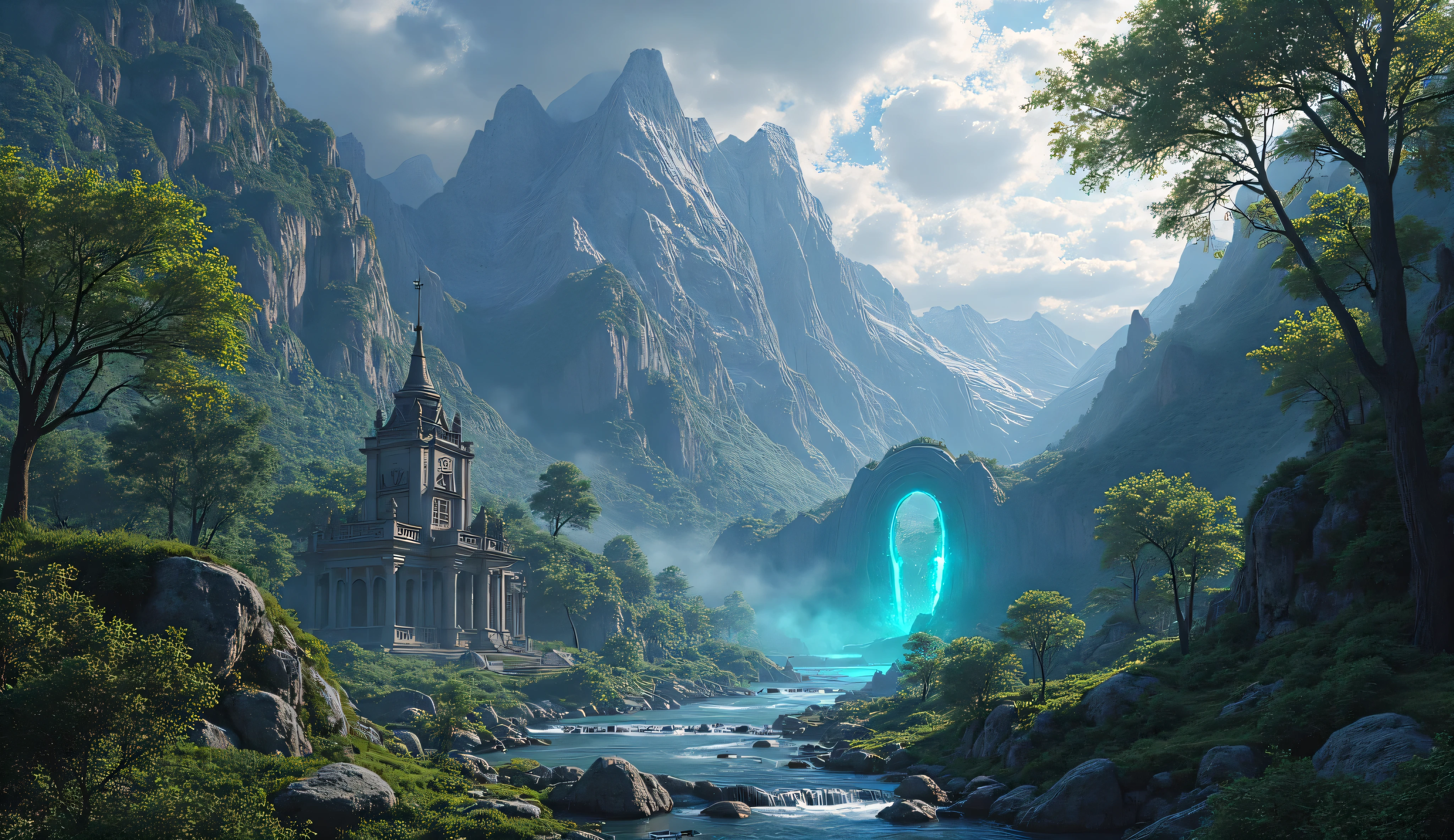 hanos walpaper it will be 2560 1440best qualitya highly detailed 4k digital art wallpaper, photorealistic,ultra-detailed,physically-based rendering,extreme detail description,vibrant colors,intricate details,cinematic lighting,dramatic atmosphere,fantasy landscape,lush forest,ancient ruins,towering mountains,cascading waterfalls,glowing magical portal,mystical otherworldly elements,epic fantasy scene