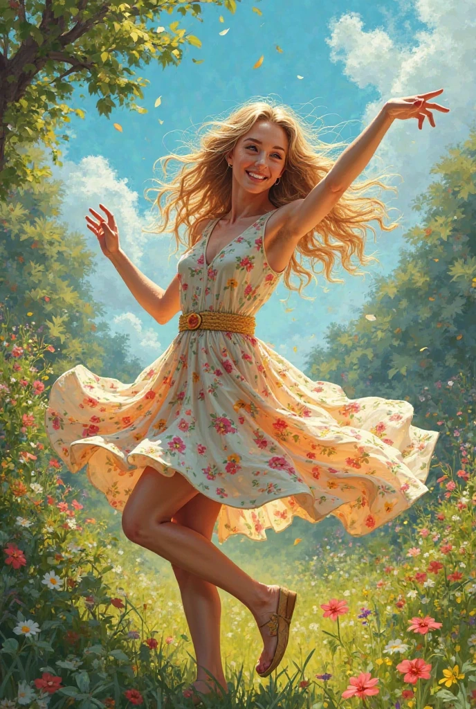 A blonde Caucasian girl in a flowered dress who dances wildly and lifts her dress up to her waist laughing very cheerfully.