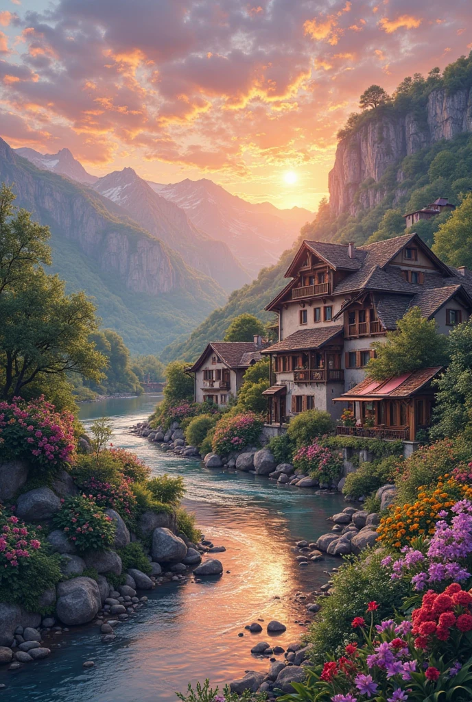 a small village by the river, mountains in the background, floral flowers colorful, detailed landscape, Beautiful natural landscapes, atmospheric lighting, scorching sunset, warm colours, practical, photopractical, Detailed Foliage, complex buildings, cobblestone street, Charming country house, swirly vibrant colors, lush vegetation, Still water reflections, Picturesque, idyllic, work of art, best qualityer, 8k, extremely detaild,anime styling