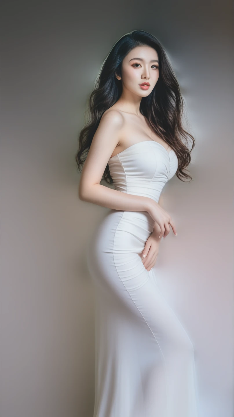 realistic photos of 1 cute Korean star female Shoulder-length hair, thin makeup, medium breasts size, slightly smile, long dress in studio, clear facial features of Canon EOS, 16K high resolution, sharp and realistic details, upside-down, motion lines, multiple monochrome