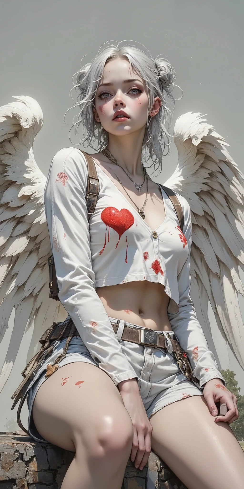 age girl, light gray hair in two bundles, adorned with small red hearts. pale skin, patterns with light gray eyes and small, gentle red heart-shaped markings on the cheeks. serious, almost a melancholic expression. age girl with a distressed, slightly sharp, Cosplay Costume. white, cropped top with a big red heart, upset look , and long sleeves. Matching white shorts, with leather details, metallic accents and straps. worn out species, textures with some blood spots and dirty details. Big white angel wings with some damage or dirt, detailed vein-like. Sitting pose with a slight forward slope, revealing slightly her belly. soft, ambient lighting, creating a light play of shadows on the. neutral gray background, figure with muted tones and soft shadows. realistic square park, очень sneakers in detailе, Digital painting, character style. Medieval fantasy aesthetic, but with a touch of anxiety. sneakers in detail, hyperrealistic facial features and soft. attention to detail. Dramatic , almost romantic, but with dark overtones.