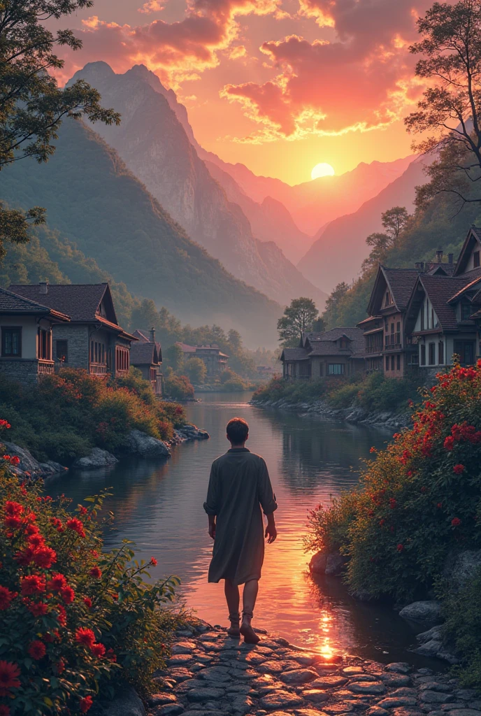 a small village by the river, mountains in the background, floral flowerA lone man walking through a dark cathedral made of his past—walls shaped like old lovers, ceilings of painful flashbacks, but his eyes are forward, unshaken.

A temple of trauma, now a place of powers colorful, detailed landscape, Beautiful natural landscapes, atmospheric lighting, scorching sunset, warm colours, practical, photopractical, Detailed Foliage, complex buildings, cobblestone street, Charming country house, swirly vibrant colors, lush vegetation, Still water reflections, Picturesque, idyllic, work of art, best qualityer, 8k, extremely detaild,anime styling