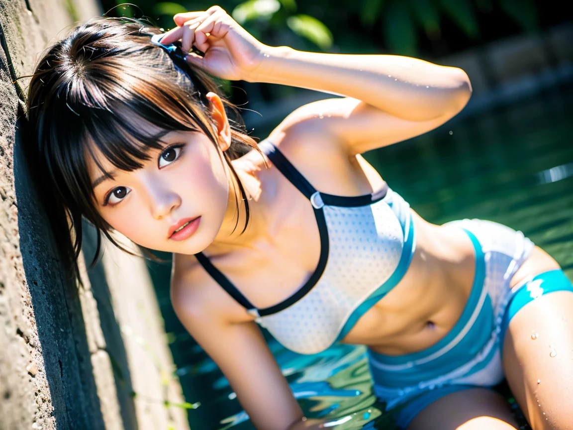 Pink swimwear, Sitting, From below, ars, (japanaese girl), hair scrunchie, (Low contrast:1.1), Smile, (masutepiece:1.1), (highlydetailed skin), (Extremely detailed visual quality:1.0), (超A high resolution:1.0) ,(photographrealistic:1.2), (ultra-detailliert:1.0), (8k RAW photo:1.1)