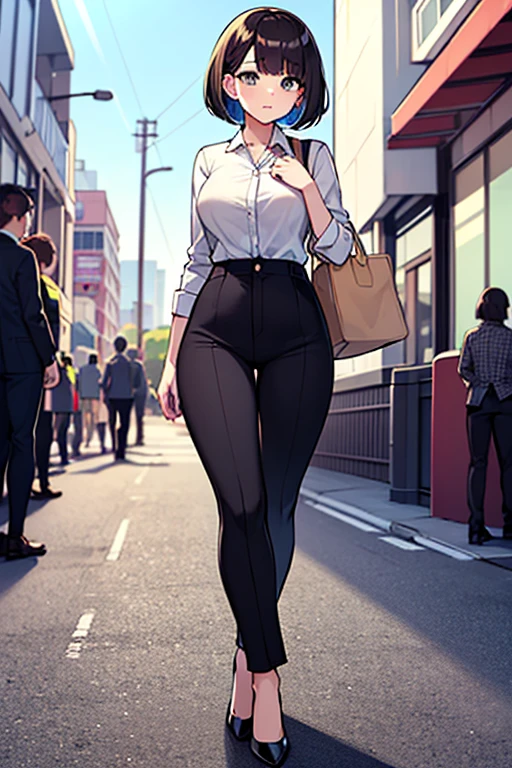 Woman in suit on her knees, angry looking face, wawy short hair, exposing her perky breasts while pulling down her shirt