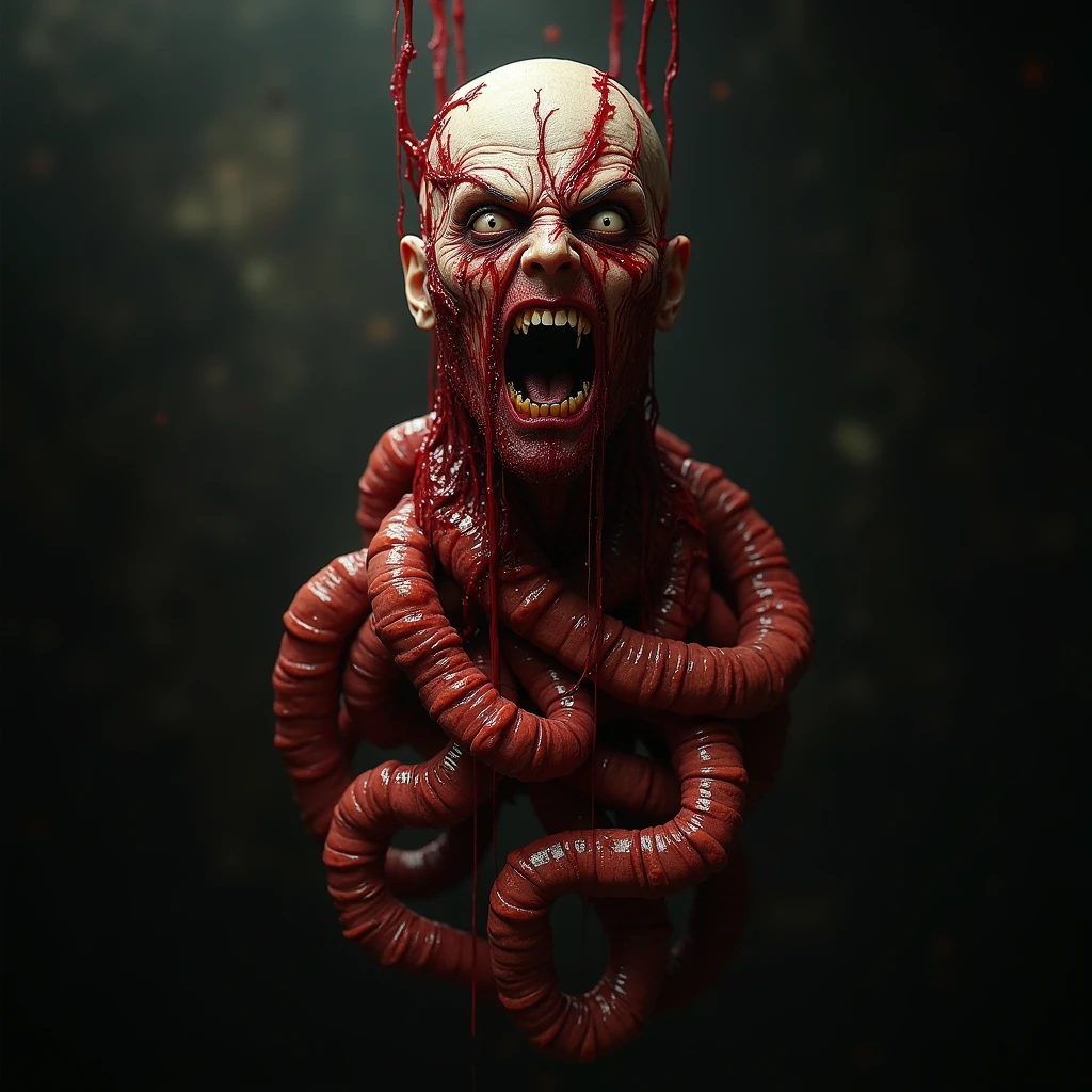 A bizarre, unsettling scene of a reality constructed entirely from meat, flesh, organs, and blood. The landscape is a grotesque mix of limbs, entrails, and veins that form a twisted, nightmare-like environment. Distorted humanoid figures made of flesh and blood are seen wandering through this macabre world, their expressions a mix of horror and confusion.
