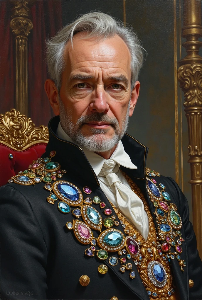 Create the gentleman image into a painting adorned with magnificent gemstones.