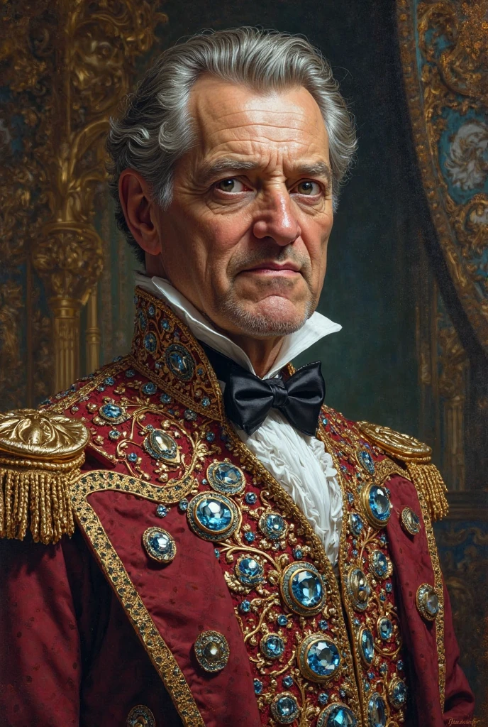 Create the gentleman image into a painting adorned with magnificent gemstones.