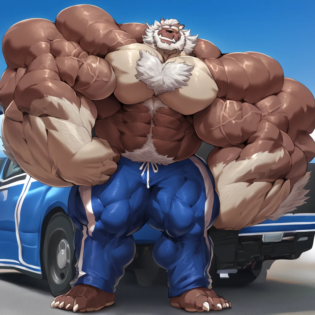 Magazine cover. solo, 1boy, perfect anatomy, ground view, wrinkles skin, low shoot, down view, perfect proportion, huge horn, sharp teeth, tusk, sharp eyes, big eyes, angry, red eyes, horn, mad, perfect fingers, big hand, fingers. Huge Muscular Old man with short hair, shoes ,(white shorts), view from side, pectoral, thick arms, huge pectoral, wide pectoral, white hair, white beards, simple background, masterpiece, semirealistic:1.2, high detailed, 8k, high resolution, perfect center, full view. ((really big muscle, massive muscular, sixpack, thick arms, wide pectoral, super huge muscle, hyper muscular, over sized muscle, huge arms, big arms, huge pectoral))