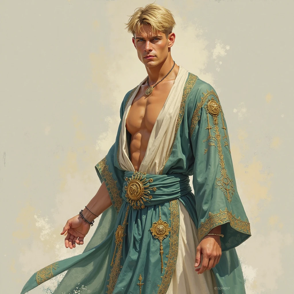character portrait painting in an action hero style, side-front view of a naked muscular hero with huge bodybuilder physique, upper body, handsome pale Danish aged 25, short blonde hair, long shot, facing the viewer, human good male monk, in Arabian Nights costume, standing in a relaxed pose,  elaborate loose sheer teal kimono-style dress, shades of cream and gold, a magical symbol woven in golden thread into sheer clothing, dynamic pose, action hero, intricate and detailed drawing