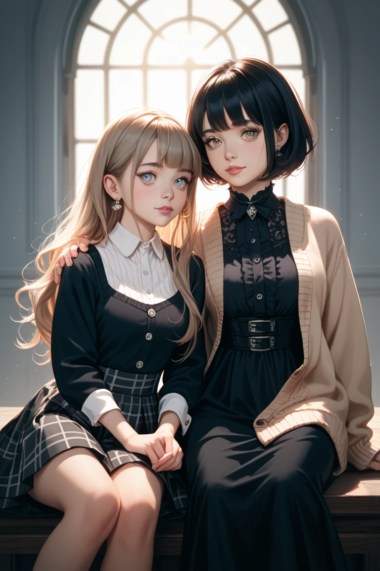 A realistic illustration of two young women, inspired by cats. 
The first has soft, light brown long hair, gentle eyes, and is wearing a cream-colored cardigan with a checkered skirt. 
She has a calm and kind aura, sitting gracefully. 
The second has short black hair, sharp yellowish eyes, a gothic-style black dress, and a small earring. 
She looks cool and mysterious. 
They are sitting close together with a soft, simple gradient background, natural lighting, realistic style.

