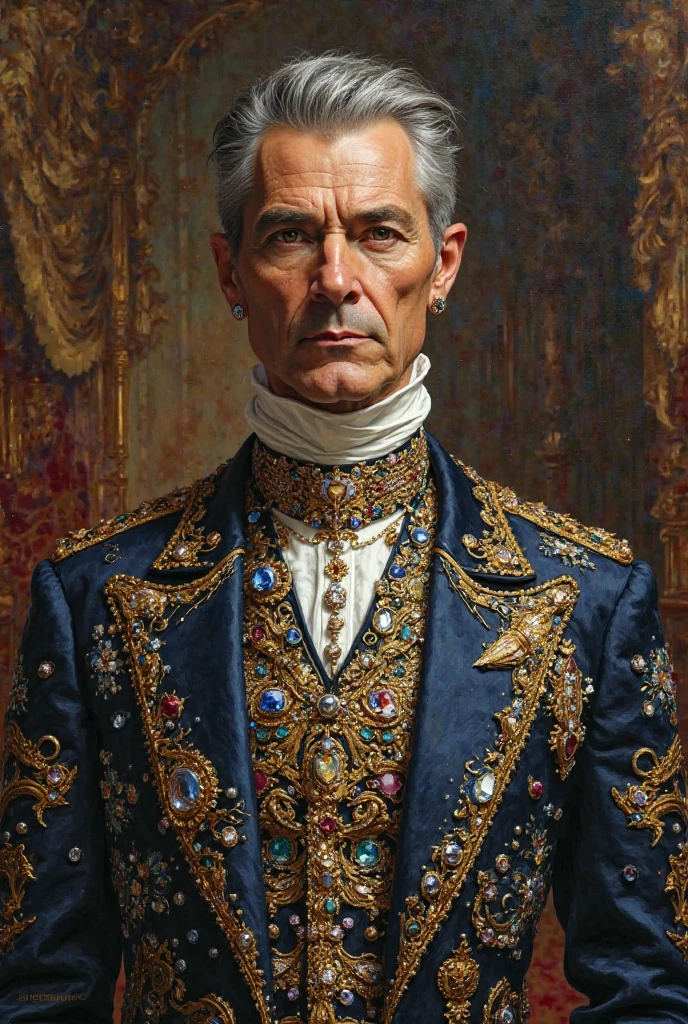 Create the gentleman image into a painting adorned with magnificent gemstones.