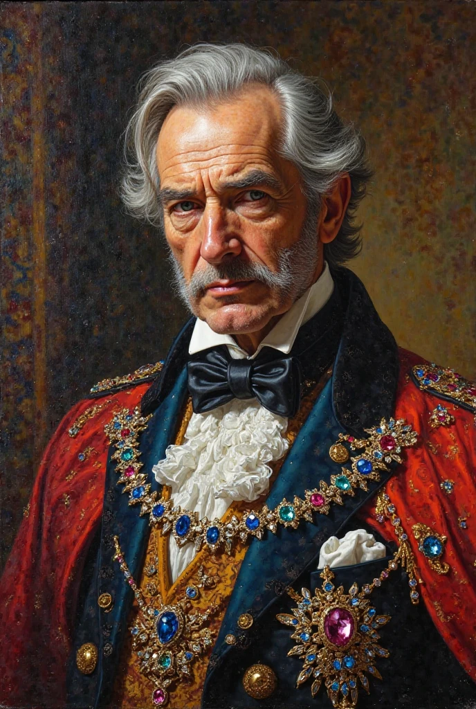 Create the gentleman image into a painting adorned with magnificent gemstones.