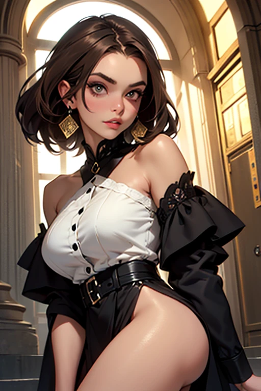 a beautiful woman with radiant eyes, a warm embrace, a bright smile, large full breasts, a mini skirt, black outfit,high quality, 8k, photorealistic, masterpiece, dramatic lighting, cinematic composition, intricate details, alluring expression, elegant pose, graceful movements