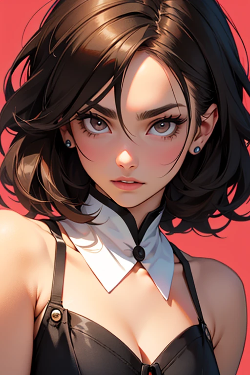 joyful gleaming eyes black hair yellow eyes pale skin sharp focus muscular girl massive breasts muscular girl solo