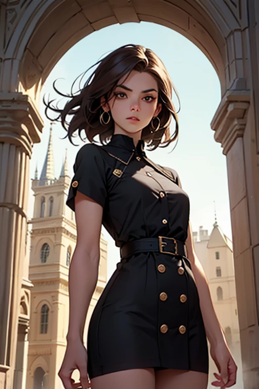 She have a somewhat tall stature and build would best be described as toned. She have fair skin and dark brown eyes, and shoulder-length 
light brown hair is neatly combed.
She most distinguishing features are her button nose, narrow eyes, arched eyebrows, wide lips, pointed chin, oval-shaped face, and long eyelashes.
wearing a mini black dress. 