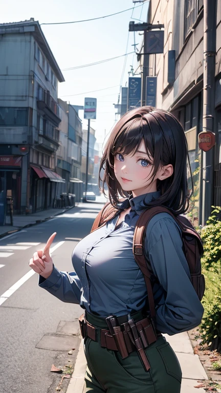 masterpiece, best quality, high res, Detailed figure and hands, Detailed weapon and expression, Apocalyptic  , Scarce trees , Tons of old buildings, (Lush plants growing on the road), (Abandoned cars and fallen signs), (A woman wearing an old combat uniform-style suit with a focus on straps, Wearing a backpack), (Woman with a tied head,  strong expression), (A woman is pointing a gun at the back of a man's head), (Man standing defenseless), tense atmosphere, , soft yet dreary twilight lighting, Cinematic wide-angle composition, A happy bright smile, hugging a man in ragged clothes.
