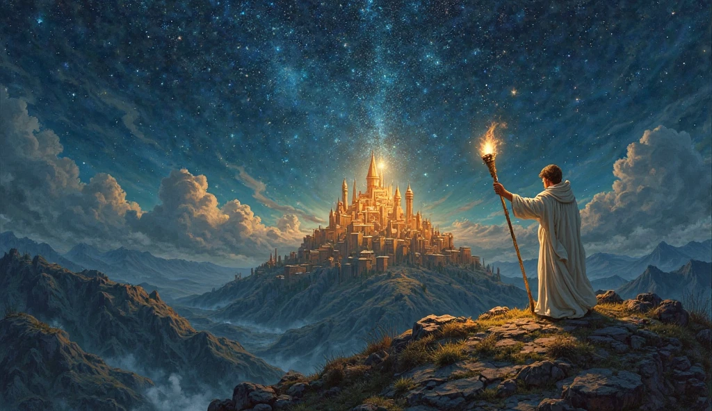 “A shining city on a hill under a starry night sky, surrounded by valleys of darkness, with a single torch held high by a figure in a white robe, symbolizing hope and divine purpose, in a medieval manuscript style”