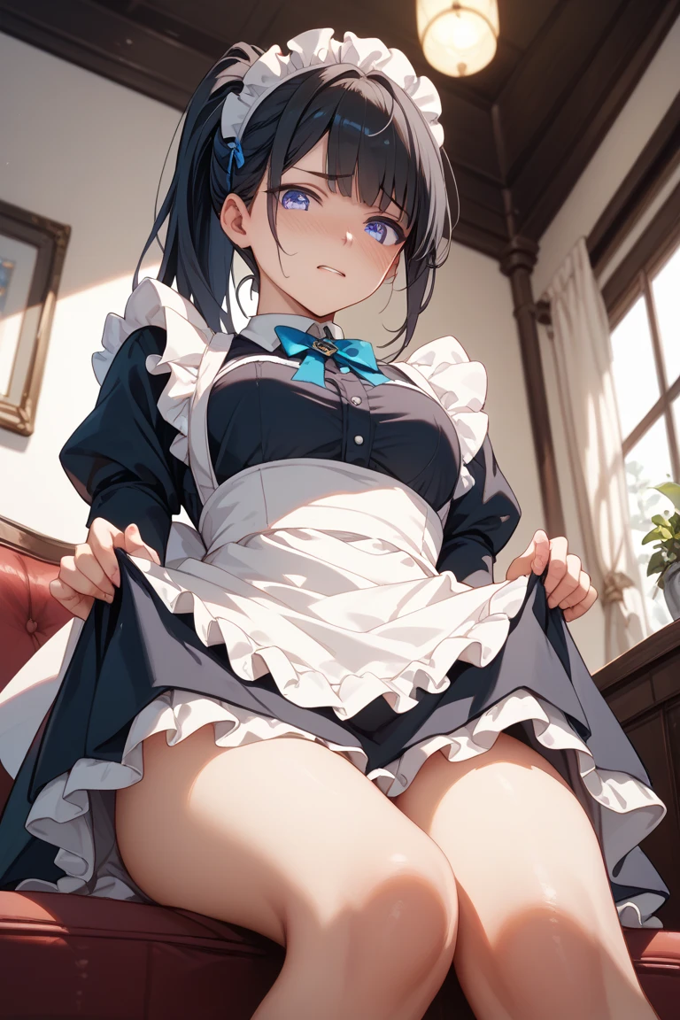 1girl,pov,black hair,light blue eyes,blackdress,pov,Embarrassed,big breast,maidapron,(White mob cap),puffy_sleeves,maid_apron, belt,thighhighs,masterpiece, best quality, very aesthetic, absurdres,(dress lift:1.5),(straight-on),(Frilled Panties)
