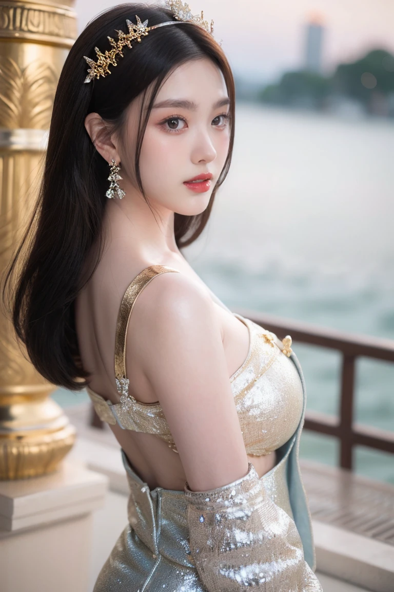 Bust photo, face close-up, face shot, a beautiful woman, messy hair, girly, symmetrical bun, hair accessories, jewelry, delicate face, (suspenders: 1.5), (high split lower skirt 1.7), (many patterns: 1.5), crop navel, open belly, Dunhuang style, a lot of streamers, delicate skin, soft light effect, delicate and smooth hair, delicate details, eye highlights, fair skin, fine portrayal, extreme details, cinematic quality, thin, slender, broken, hair details, thin bangs, shawl hair, right body, shadow, air bangs, 8K, super fine, fine fabric texture, soft, smooth, smooth texture, ((Dunhuang style)) )))), delicate patterns, correct hand painting,