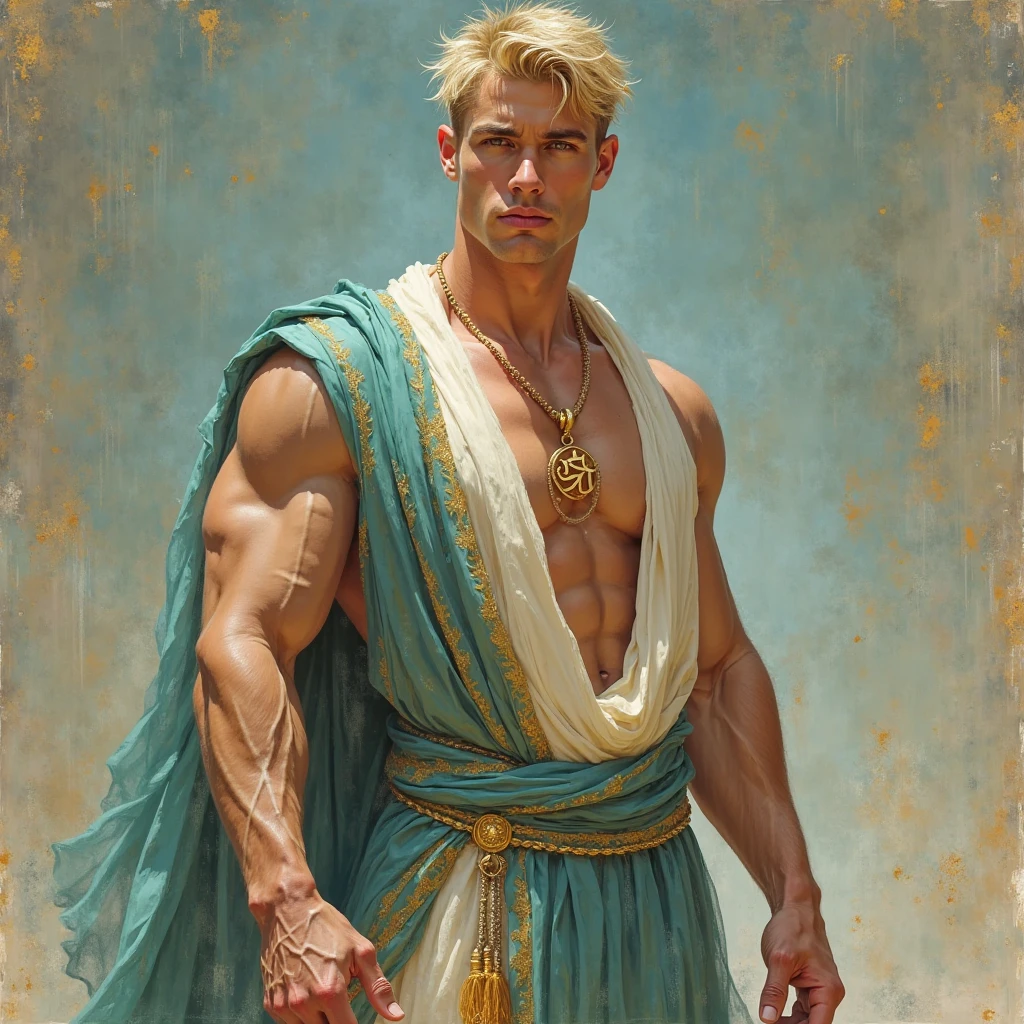 Masterpiece, denoise, void noise, one man, best quality, 8k resolution, male focus, focus only, amazing composition, volumetric lighting, super quality, elegant, Very detailed, front view, -----------, muscular, (pale skin), ((((((Caucasian white man)))))), very handsome, (detailed light-blue eyes), ((messy hair)), big ears, (hairy), scruffy beard, ((big pink nipples)), ((perky nipples)) ------------, (((gladiator top))), (((green loincloth with gold touches))), (((gold armlet, gold, bracelet, gold anklets))), (((rubbing chest))), (((sitting, legs open facing viewer))), (((looking at viewer)))