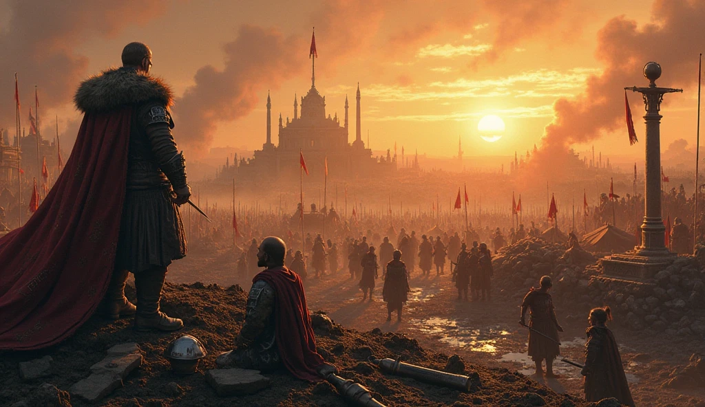A vast battlefield at twilight, where broken legionary standards lie trampled into mud beside gleaming barbarian banners. In the foreground, a weathered Gothic king stands atop a shattered Roman war machine, his fur-lined cloak billowing as he surveys the smoldering ruins of a once-great city. Behind him, an organized barbarian army pitches their tents in perfect rows where Roman barracks once stood—some warriors polishing looted imperial armor, others studying captured Roman maps. The last light of sunset gilds a toppled marble column engraved with 'SPQR,' now used as a stepping stone by barbarian ren playing with a discarded centurion’s helmet. The scene balances devastation with eerie order, emphasizing that Rome’s fall was not chaos, but a transfer of power. Ultra-detailed historical realism with textures highlighting: the intricate craftsmanship of barbarian weapons surpassing Roman steel, the contrast between crude imperial repairs and barbarian-made siege engines, and the quiet determination on the conquerors’ faces. Style: A blend of classical history painting and modern cinematic realism, with storm-clearing lighting that symbolizes the end of an age and the uncertain dawn of another.