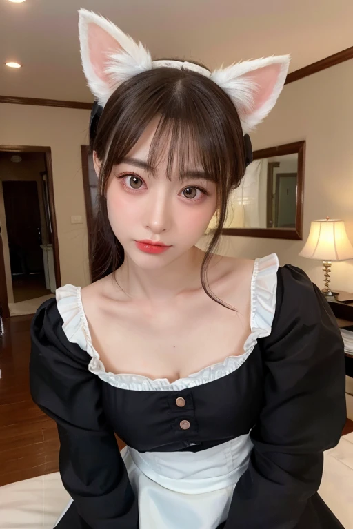 笑顔でLooking at the camera,(Highest quality,masterpiece:1.3,Ultra-high resolution),(Very detailed,Caustics,8k),(Realistic:1.4,RAW shooting),Super detailed, Ultra-high resolution,Ultra high definition 8K,Highest quality,Very detailedな,masterpiece,Realistic,Rich details,Photographic realism,18-year-old,日本語 cute日本の,Looking at the camera, Good figure,Rembrandt Lighting, (photoRealistic:1.2), (Highest quality), (Detailed skin:1.3), (Intricate details), Ray Tracing,One person, In detail,real，Scattered beneath the surface,(blush:0.5), Detailed skin texture, Black Hair, Long Hair,Cat ears headband， (Wavy Hair:1.2), (Blunt bangs:1.2), Detailed lips，Beautiful Lips, Detailed face、cute, Black maid outfit,Collarbone Bare Skin,(Face Focus:1.1),(Face close-up:1.1),Front of face，Window，Sunset
