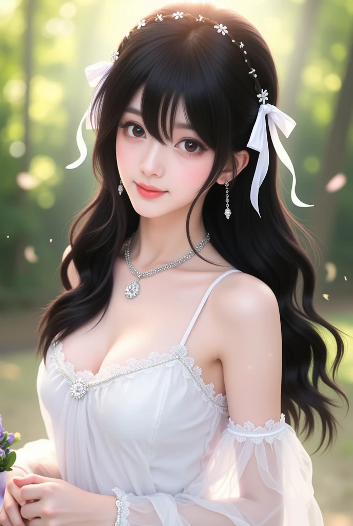 best quality、tmasterpiece、ultra high resolution、actual、1 girl、Glossy skin、((Surreal detailed))、Global photo、8K、Highly complex details、shinning eyes、Black straight hair、highkey、pureerosfaceace_v1、A smile、Elegant pose、plump breasts、White ultra-thin transparent lace、Lots of flowers in the background