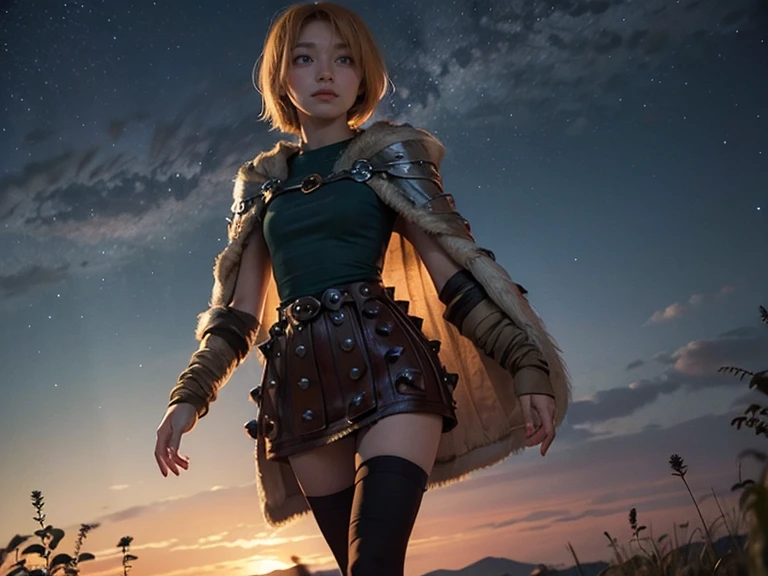 hilda, yellow cape, short hair, orange hair, slim body, small bust, mini fold, pretty legs, black stockings, in front, walking, looking at the sky, night sky,  Milky Way 