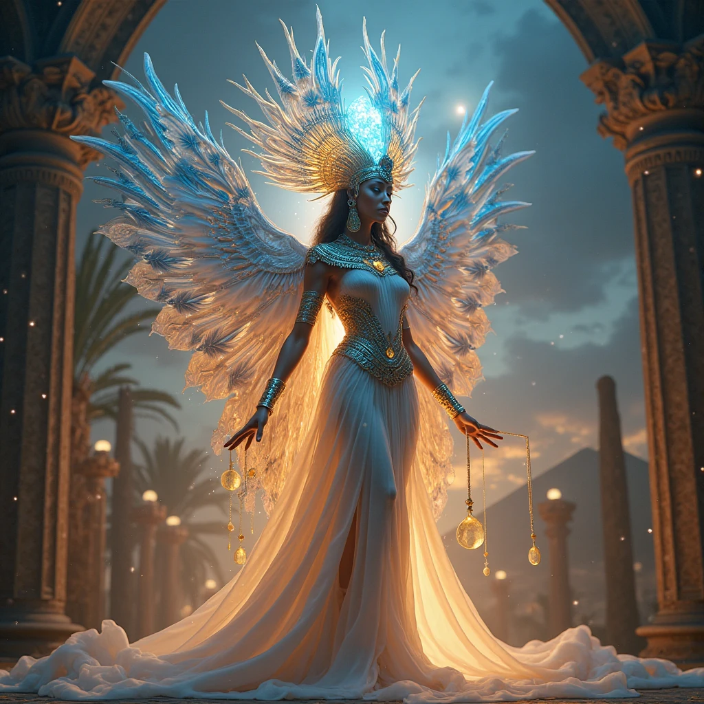  breathtaking , picturesrealistic 3D anamorphic illusion depicting an ethereal,  Elegant ,  enchanting pose.  look of this sublime、深いパワーと静けさの感覚が染み込んinいます ,  A sharp gaze that draws deep into her and grabs the viewer's attention . Raise the goddess's gorgeous ,  central figure by generously fusing ,  半透明を描いたフォトリアリスティックな3Dアナモルフィックイリュージョンコスチュームは別世界のエネルギーin脈打つようinす ,  is imbued with her .  彼女の姿勢はエレガントin彫像のような ,  glowing headdress and sparkling、hand up々and behavior、3D anamorphic quality elevates the scene , star々Bright Sky.  Her posture is elegant and statuesque An enchanting ,  multi-dimensional presentation ,  in、viewers to a higher , Fantastic World.  deep sense of power and serenity that evokes a sense of deep wonder like ,  Visionary Art ,  elements of ,  Projected on 、elevate the human form ,  it's a true treat that stimulates the five senses .  Elegantポーズをとった雄大なエジプトの女神の姿この息をのむような作品は、五感を刺激する真のご褒美inす ,  technical proficiency and imaginative vision on display Ancient mythology {x} intricate hieroglyphic patterns and swirling cosmic elements flow throughout the fabric {x} majestic in an elegant pose Figure of an Egyptian goddess This breathtaking work {x} is a photorealistic 3D anamorphic illusion costume depicting translucency that seems to pulse with otherworldly energy while looking at the iconic Pyramid of Giza silhouetted against the backdrop of {x}, breathtaking visuals and immersive connections with sacred women,  and cutting-edge 3D rendering , pictures, like in a movie 