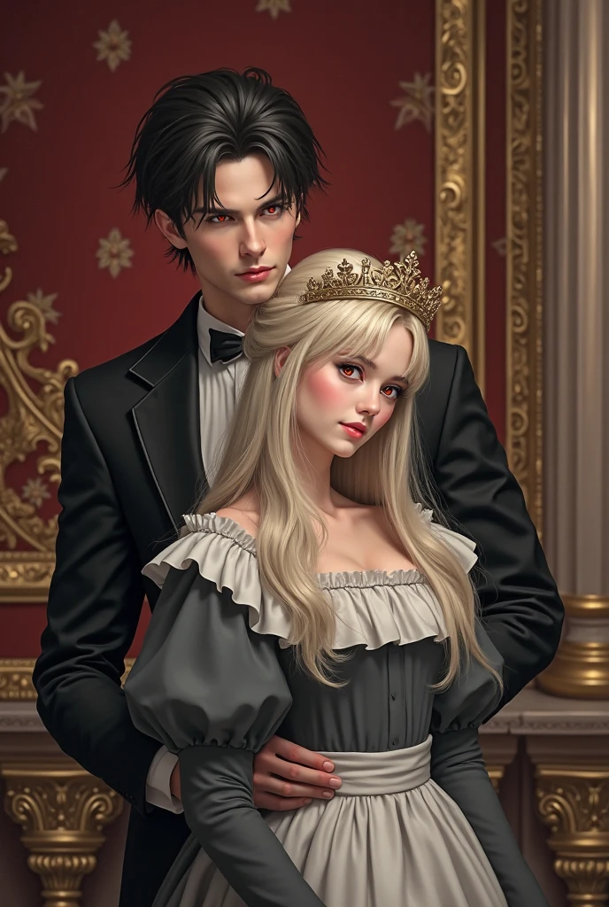 A handsome man with short black hair and red eyes, standing behind a beautiful girl with platinum blonde hair, wearing a gray dress for maids and a crown for princesses 