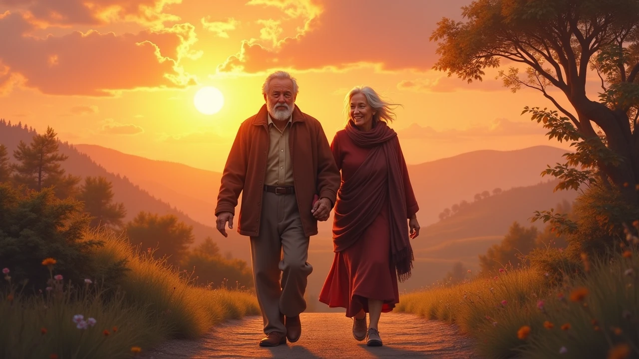 62. Final image: strong elderly man and woman walking side by side, sun setting, tagline: “Never stop growing”, photorealistic