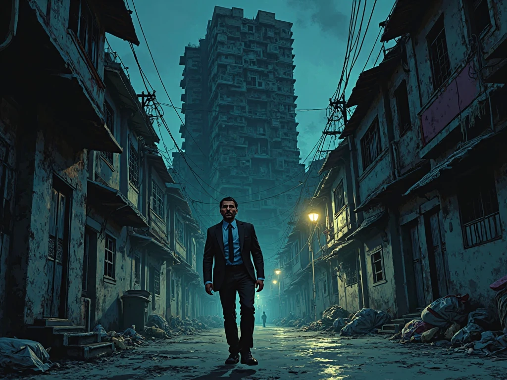 A man after office in the night, come to home , indian chawl house sorronding him comic book style image horror 