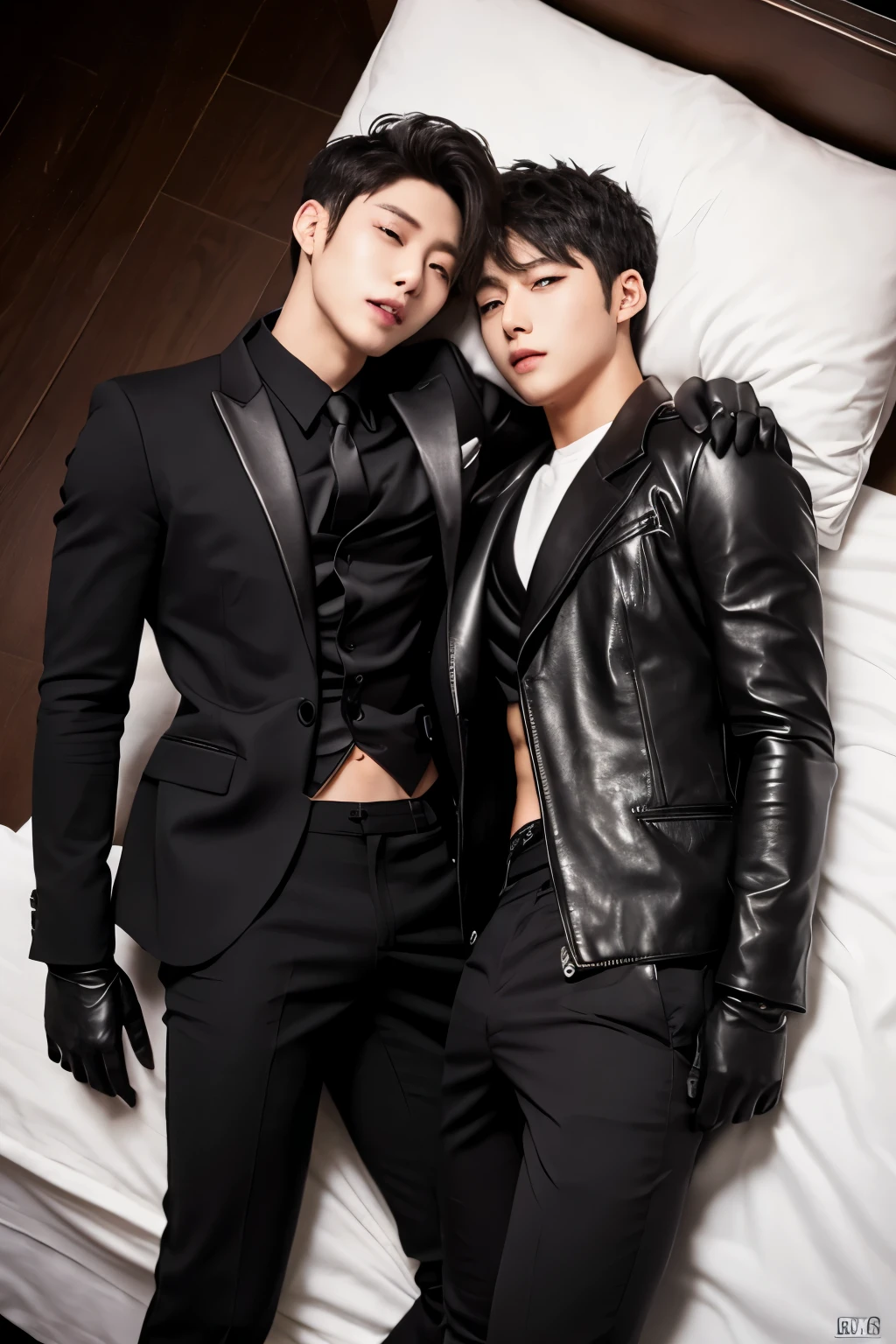 イケメン two men in love 20years old,a daddy,tight black shiny suit sit down,k hd,in the bedroom,muscle, gay ,black hair,asia face,masculine,strong man,the boss is,handsome,sex,leather gloves,lecherous dad,look straight ahead,Dad is erection