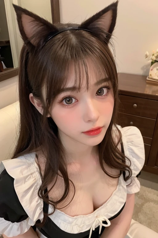 ((Highest quality, 8k, masterpiece:1.3)), concentrated: 1.2, Perfect Body Beauty: 1.4, Hips: 1.2, ((Twin tails, chest: 1.2)), Bandeau dress: 1.1, Highly detailed faceと肌の質感, Beautiful Eyes, double eyelid, Whitening skin, Long Hair, (shut up: 1.3), (Sit on the bed), Highly detailed face, Looking up、rabbit makeup、Lace shirt、(Blunt bangs:1.2)、Classic wavy long hair