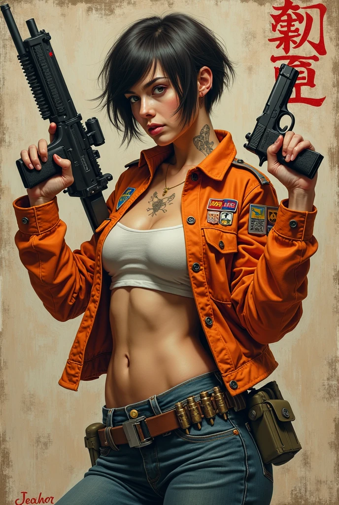Create an oil painting using thick lines to emphasize detailsPortrait: A beautiful young woman with short hair and a slim figure/ Leaning back slightly and looking up to the left of the picture as if she is looking at something with confidence
- Right arm: Raised high, holding a NTS COMMANDO M4 shotgun in her hand // Holding the gun in a steady and determined manner
- Left arm: Holding another gun, a M1911 pistol, in a way that is falling to the side of the body, but still in a ready-to-use position
-  expression: A calm, cool face, showing confidence and fearlessness, with
- An orange military jacket with many badges and symbols
- A shirt with a 
- A belt with bullets and tight gear
- Has tattoos or makeup on the face
- The background is an old Japanese poster