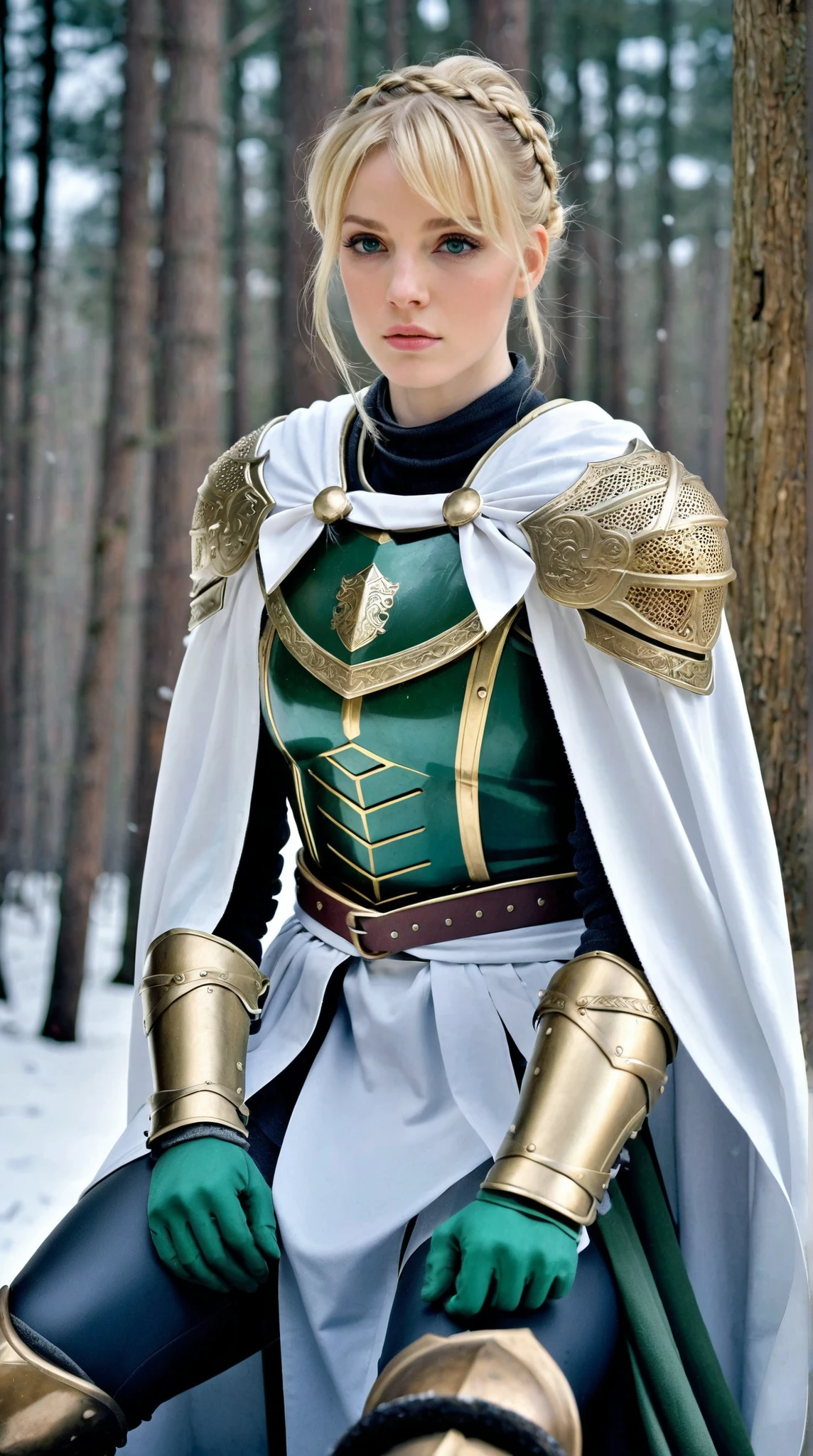 (masterpiece), best quality, expressive eyes, perfect face, blond hair, blue yellowish eyes, latex gloves, white capes, black leggings, light armor, skirts, iron shoes, knight woman, pale skin, yandere, leda hair ribbon, ribbon, braid, single hair bun, braid bun, muscular, muscles armor, cape, sidelocks, tall body, green eyes, blonde hair, armor under clothes, artoria pendragon, dress, white armored big, gauntlets, heavy armor, muscular, needle knight leda, flat cold expression, serious, scabbard, winter snowy background, footsteps, walks, crying, trauma, sitting on campfire, warming body, boiling pot,
