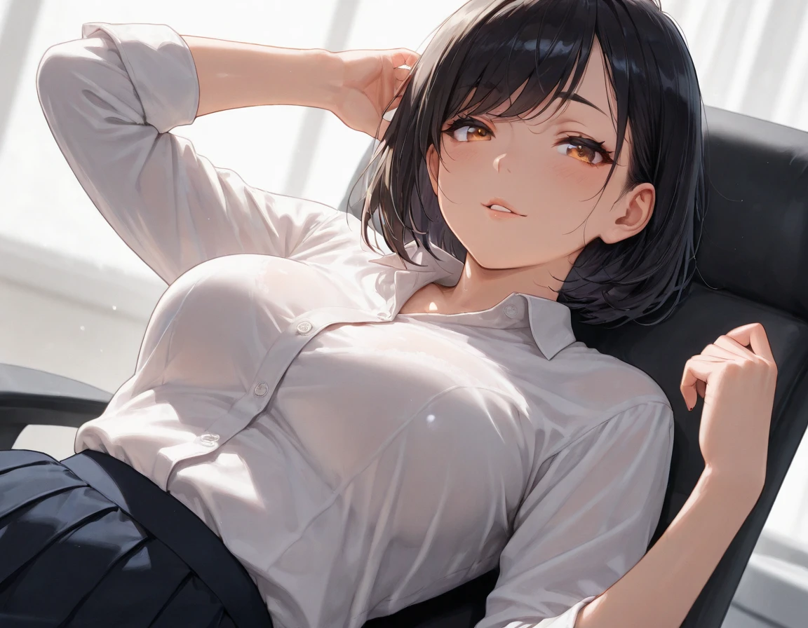 High resolution、Realistic、Hyperrealism、Slender body、Realistic、Beautiful Japanese Woman、、Brown Hair、Short Bob、bangs、Detailed face、Detailed lips、美しいeye、Glowing Skin、One person、Ideal beauty、Big Breasts、(The background is the office)、((((Sit on a chair, Look straight up, close ~ eye, sleep, Unconscious、I can see a little cleavage、Open your mouth a little、clothing)))), (((((Black Pencil Skirt, Black Business Jacket, White lightweight V-neck T-shirt))))), ((Cowboy Shot, from the front)), nipples, Partially nude,