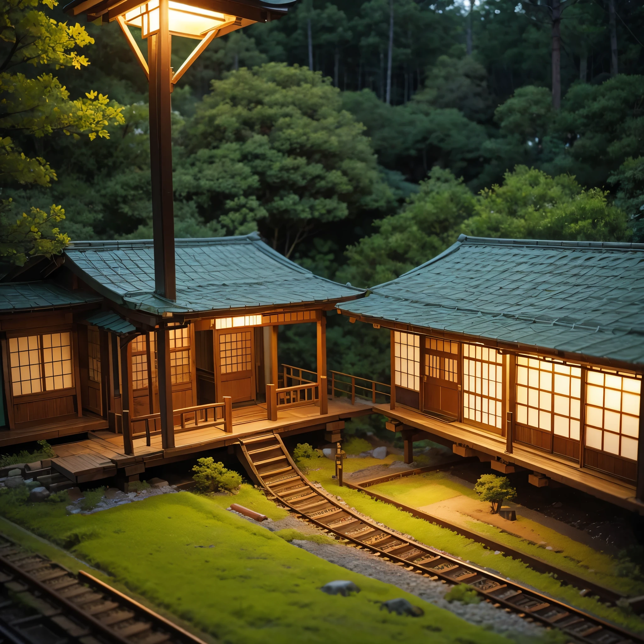 Miniature diorama crafting, Japanese forest railway station. Hand placing tiny wooden station, rusty rails, grass patches, warm room light, nostalgic, melancholic, soft focus, anime style.
