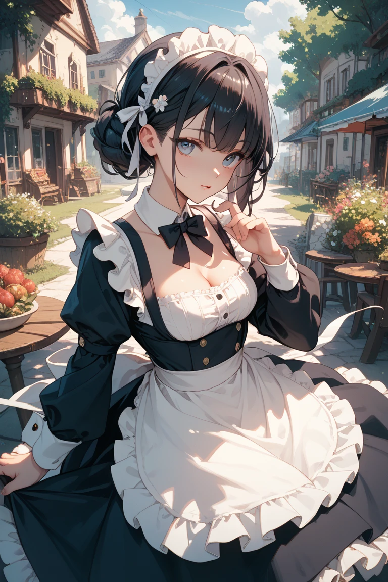 high quality, 最high quality, Realistic, RAW Photos, Realistic, Ultra-realistic 8K CG, Super detailed, High resolution, masterpiece, 1 girl, 18-year-old, Beautiful face of a woman, Soft Face, elegant, Detailed Texture, Maid headdress, apron, chest, Long sleeve, bangs, White shirt, Black Dress, Side Lock, メイド apron, black long skirt,biomechanical boobs,solo、A greenhouse full of flowers、50mm lens、Dominant Pose
