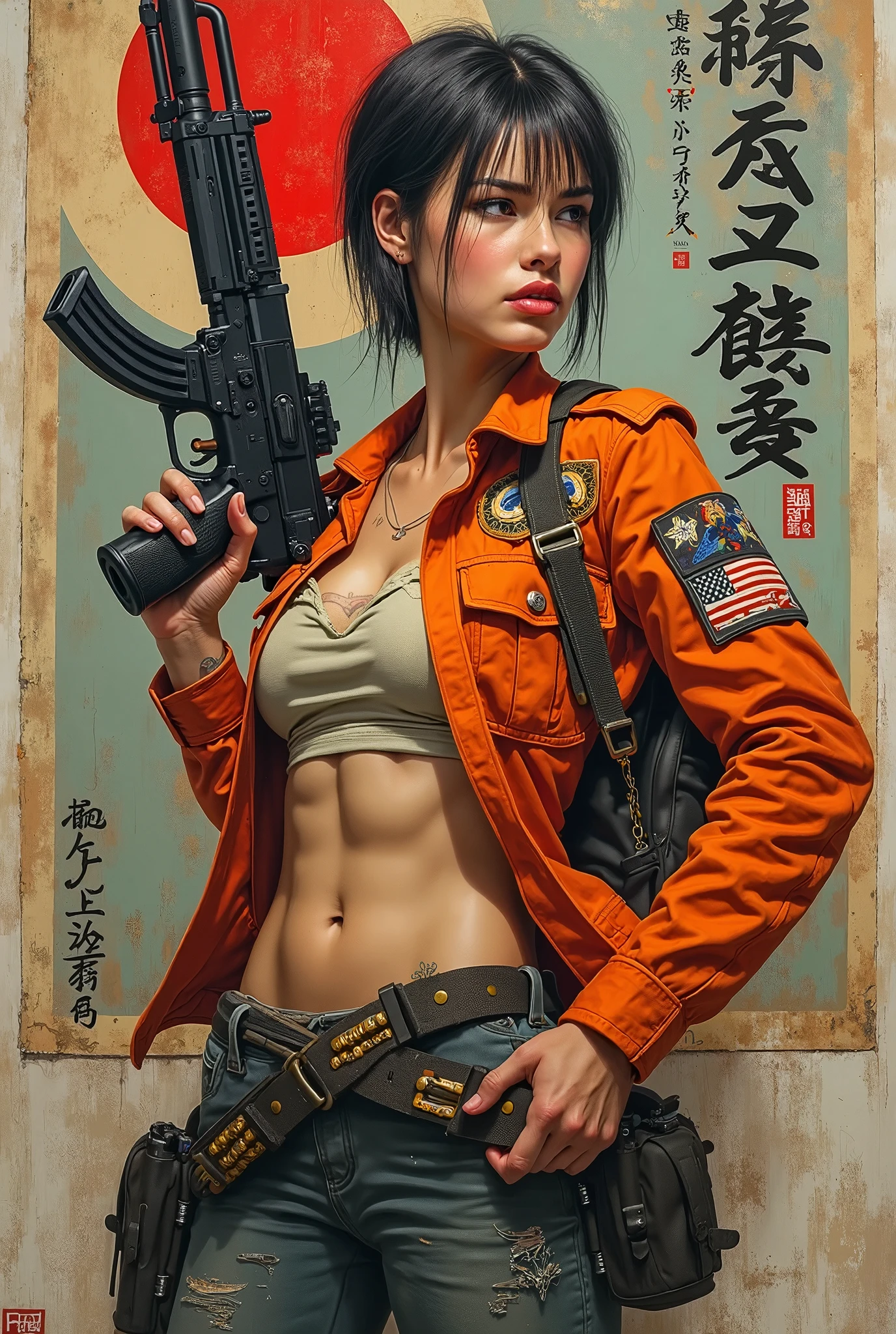 Create an oil painting using thick lines to emphasize details**Portrait:** A beautiful young woman with short hair and a slim figure/ Leaning back slightly and looking up to the left of the picture as if she is looking at something with confidence
- **Right arm:** Raised high, holding a NTS COMMANDO M4 shotgun in her hand // Holding the gun in a steady and determined manner
- **Left arm:** Holding another gun, a M1911 pistol, in a way that is falling to the side of the body, but still in a ready-to-use position
- **Facial expression:** A calm, cool face, showing confidence and fearlessness, with
- An orange military jacket with many badges and symbols
- A shirt with a cleavage
- A belt with bullets and tight gear
- Has tattoos or makeup on the face
- The background is an old Japanese poster
