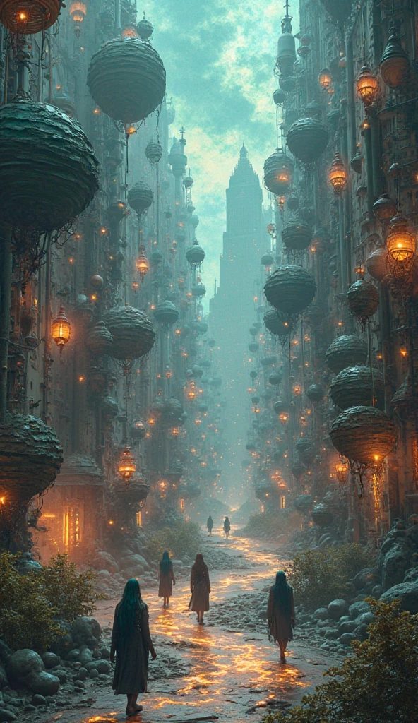 A surreal city built from 1 million collective dreams, buildings shaped like objects from dreams, floating roads, glowing skies, people walking with dream fragments around them, imaginative chaos --v 6 --ar 3:4

