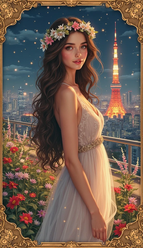 A richly illustrated trading card design in vertical 9:16 format, featuring a Croatian girl in full-body, standing at life-size scale with natural proportions, viewed from the front. She has beautiful, detailed eyes, soft lips, ultra-detailed facial features, and long wavy brown hair adorned with an intricate flower crown. She wears an elegant, flowing dress that softly glows in the ambient lighting. Her serene and graceful expression radiates calm and elegance. She stands within a cinematic rooftop garden at night, overflowing with colorful wildflowers and softly lit foliage. Sparkling sequins drift gently through the air. In the distance behind her, Tokyo Tower glows warmly, framed by illuminated skyscrapers under the night sky. The scene is captured in a vertical composition with ornate golden card borders and Art Nouveau detailing, creating a luxurious, fantasy-inspired look. (best quality, 4k, 8k, highres, masterpiece:1.2), ultra-detailed, (realistic, photorealistic, photo-realistic:1.37), cinematic lighting, dramatic shadows, warm color palette, muted tones, ethereal and elegant mood.


