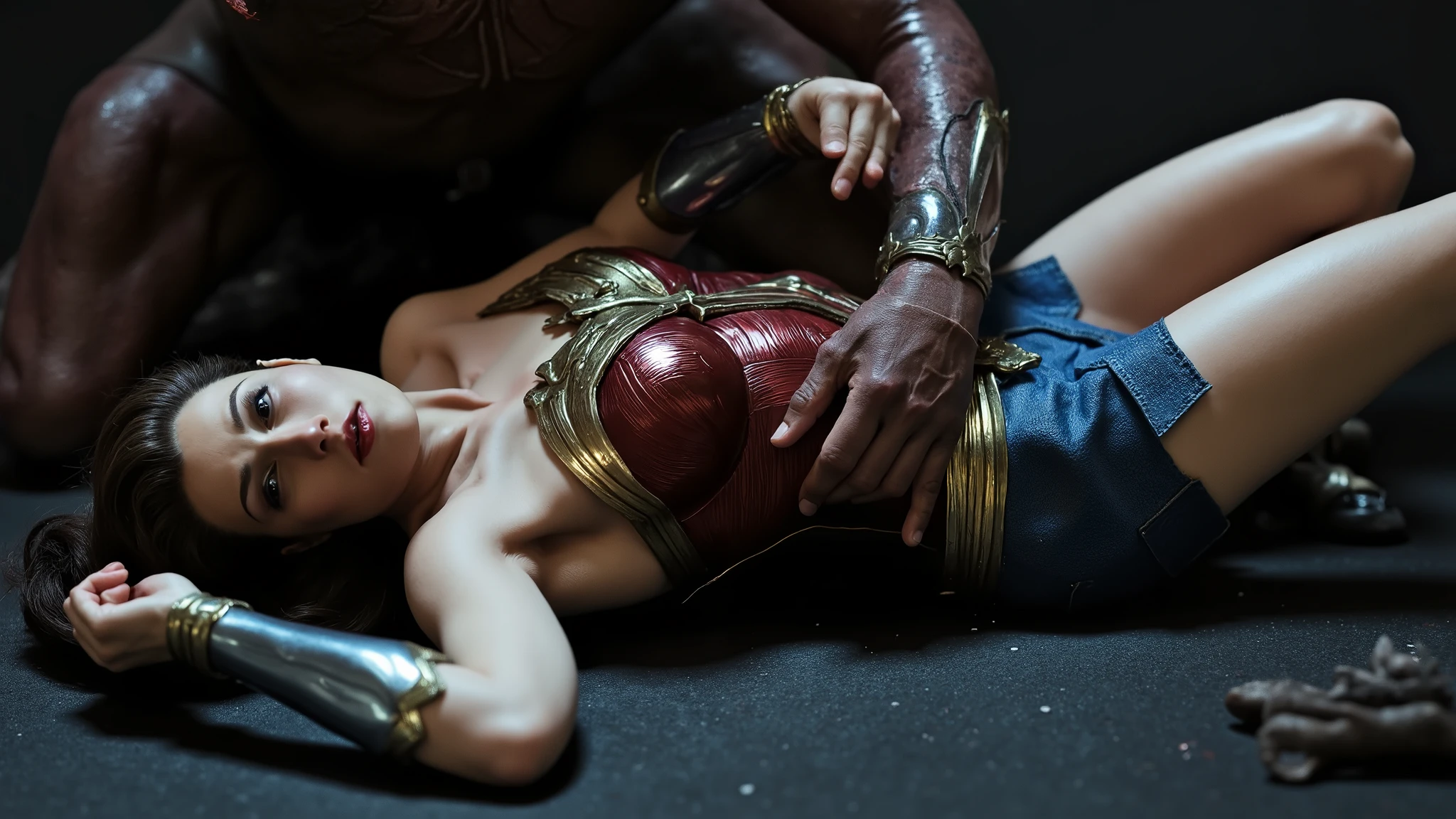 Wonder woman is lying down, bad injury, a monster is kneeling over her body, he grab her neck with both hand,