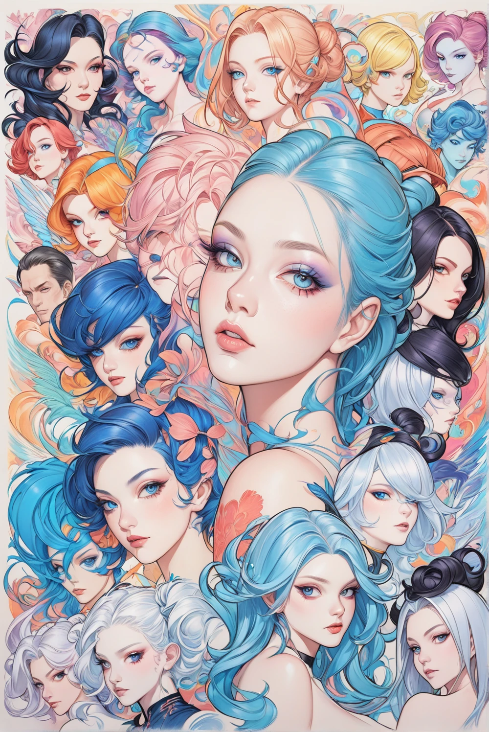 drawing of a woman with a messy hair and a blue make - up, artgerm and james jean, james jean andrei riabovitchev, pastel artwork, artgerm portrait, anna dittmann alberto vargas, pastel art, by Anton Fadeev, by Galen Dara, by Tommaso Dolabella, color pencil sketch, by Julian Fałat