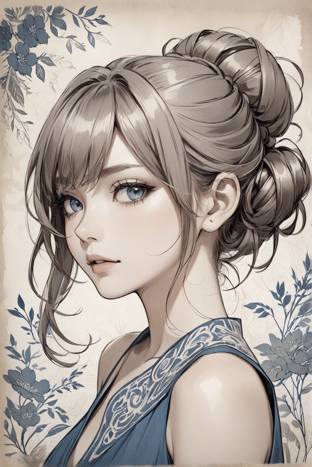 Messy updo hairstyle with loose curls and a wispy bun, hand-drawn sketch on textured paper with muted blue and sepia tones, showcasing a focus on intricate hair details and shading.