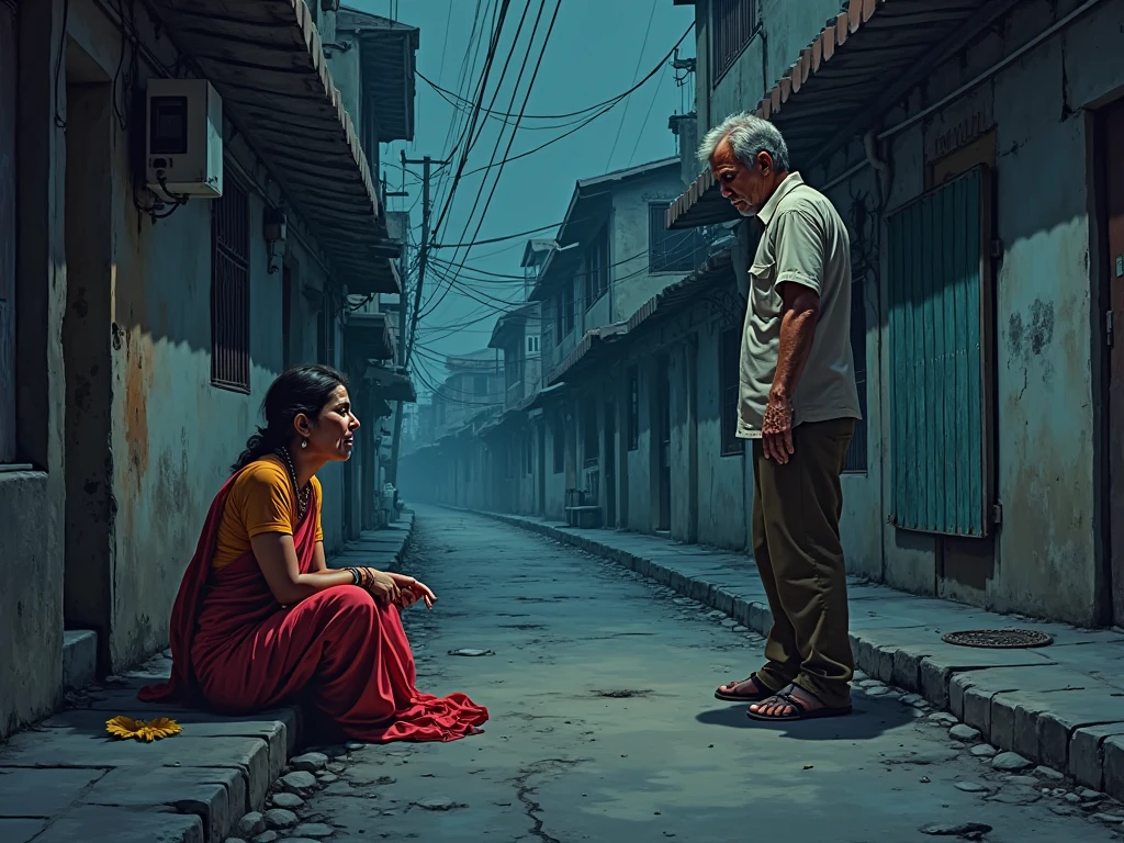 A man after office in the night, come to home , indian chawl house sorronding him, a 40 years old lady wearing saree she is a seating on road side footpath and crying comic book style image horror