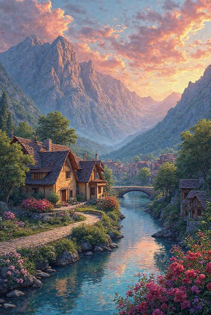 A small village by the river, color of the mountain in the background, colorful flower flowers, detailed landscape, beautiful natural scenery, atmospheric lighting, scorching sunset, warm colors, Practical, фотоPractical, detailed foliage, complex buildings, paved street, charming country house, swirl bright colors, lush vegetation, reflections on water, picturesque, idyllic, artwork, the best quality, 8k, very detailed, anime styling