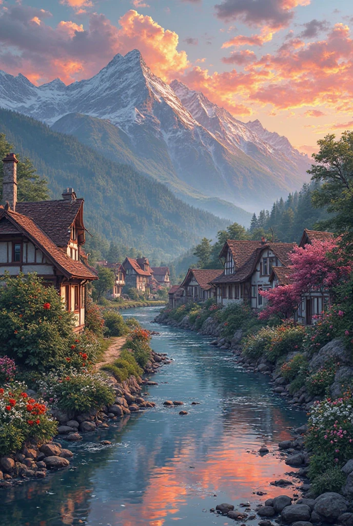 A small village by the river, color of the mountain in the background, colorful flower flowers, detailed landscape, beautiful natural scenery, atmospheric lighting, scorching sunset, warm colors, Practical, фотоPractical, detailed foliage, complex buildings, paved street, charming country house, swirl bright colors, lush vegetation, reflections on water, picturesque, idyllic, artwork, the best quality, 8k, very detailed, anime styling