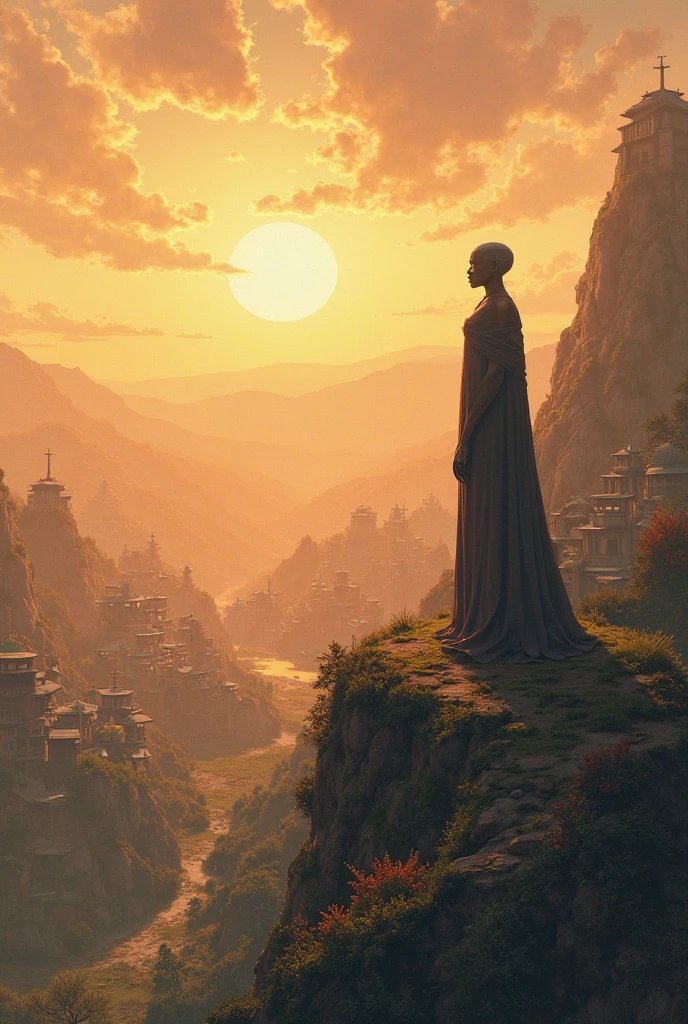 "A panoramic view of Zarnak standing alone on a hill, overlooking a small Earth town at golden hour, blending advanced technology with nature, serene and contemplative tone."