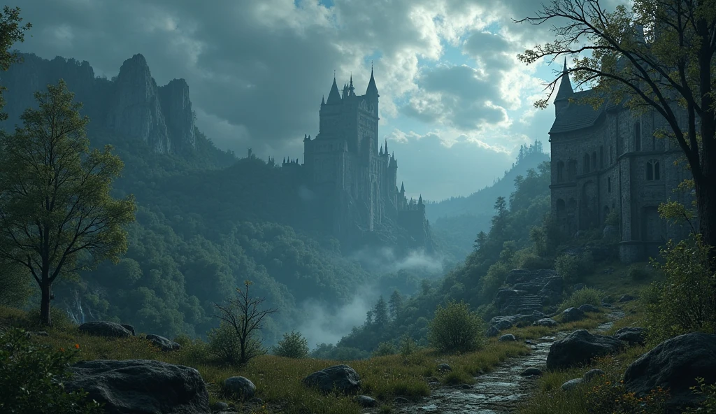 A highly detailed, photorealistic,8K,HDR,ultra-fine painting of The Witcher 3 Wild Hunt, masterpiece,cinematic composition,dramatic lighting,epic fantasy landscape,moody atmosphere,lush forest environment,ancient ruins,crumbling castle walls,gloomy skies,ominous storm clouds,mysterious fog,dramatic shadows,vivid colors,deep focus,professional